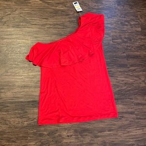 INC RED 1 SHOULDER RUFFLE TRIM TOP NWT